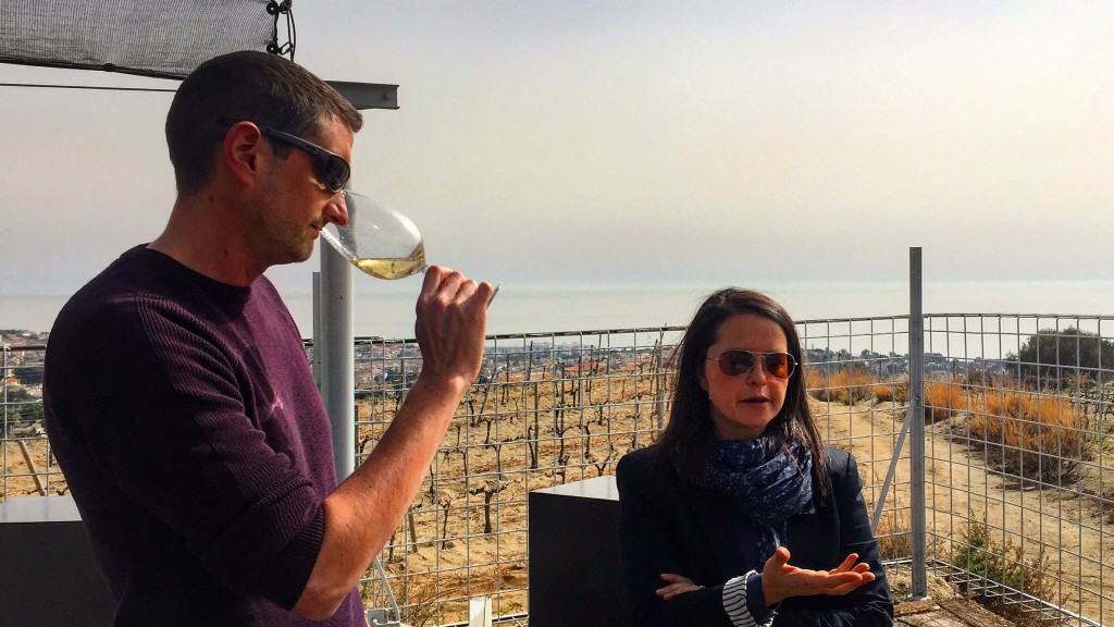 Julien Miquel (left) enjoys the cava and the history as told by Alta Alella's Valerie Vellieux. 